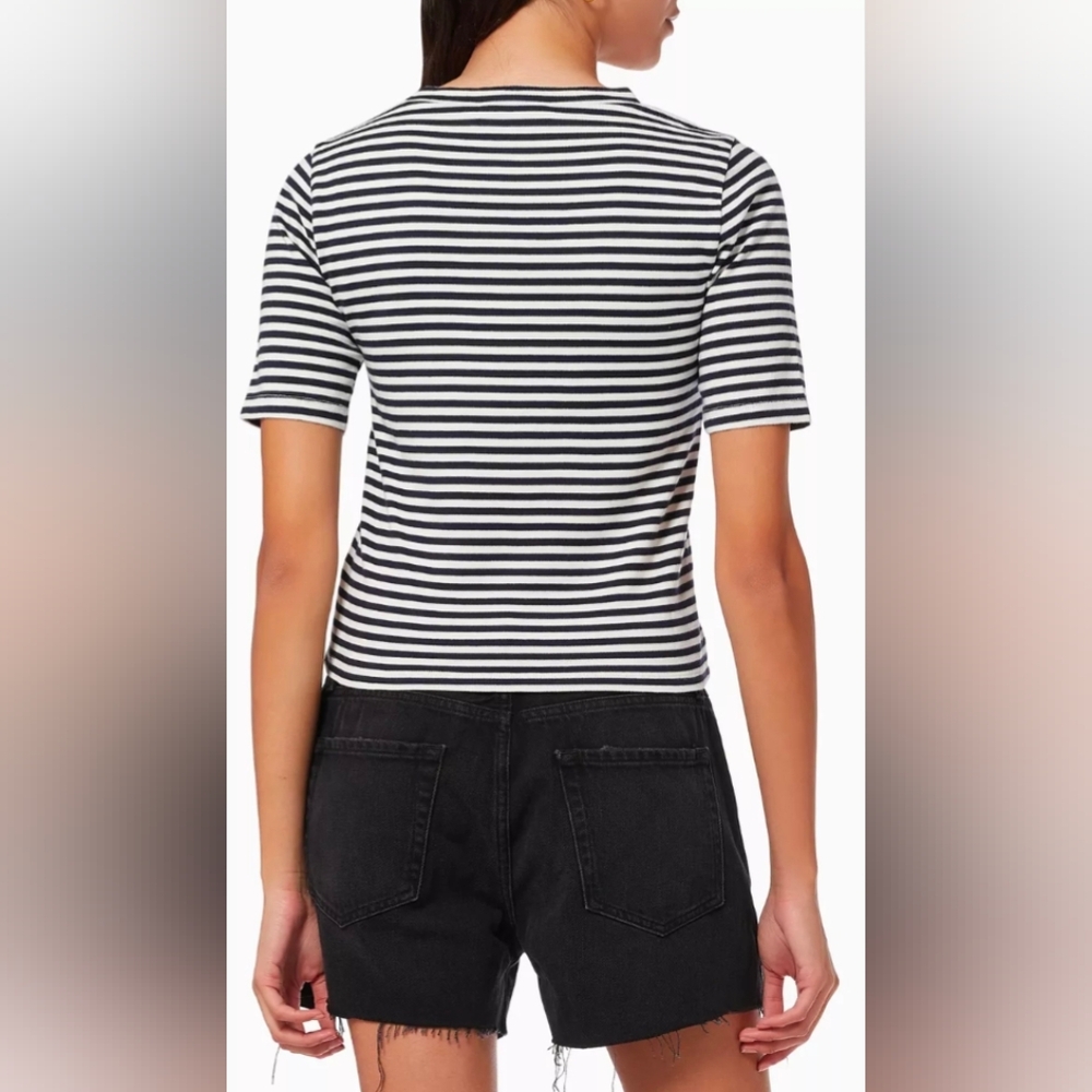 Frame White/Black Stipes Henley V-Neck Top - Picture 2 of 4